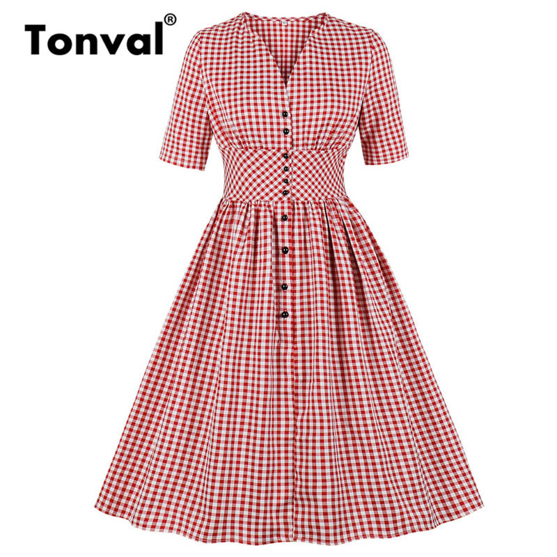 Tonval retro hög midja röd rutig enkelknäppt tunika veckad klänning dam v-ringad halvärm vintage klänningar med ginghamtryck: M