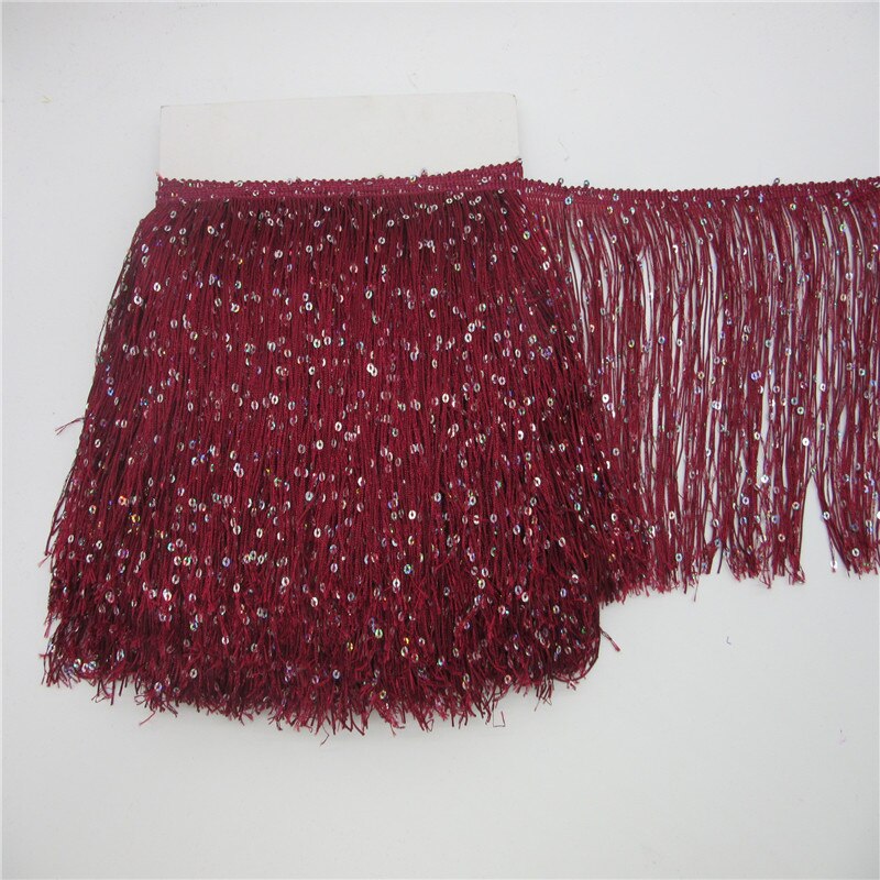 YY-tesco 1 Yard 20CM Long Polyester Sequins Tassel Fringe Lace Trim Ribbon Sew Latin Dress Stage Garment Curtain Accessories: Wine red
