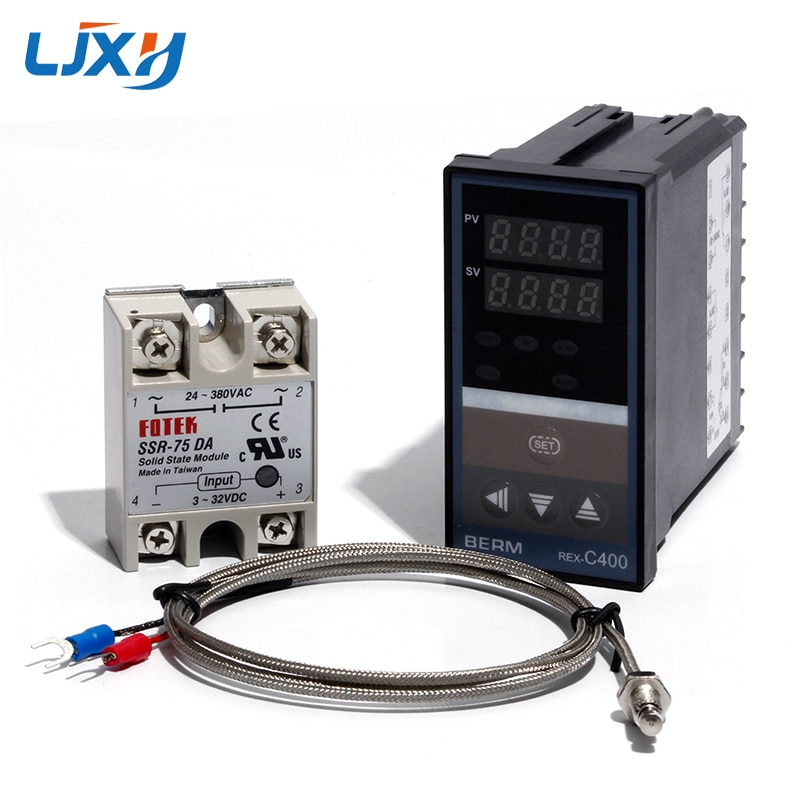 LJXH Dual Digital PID Temperature Controller Set REX-C400 + 25DA/40DA/75DA Solid State Relay + 1m M6 Thread K Thermocouple