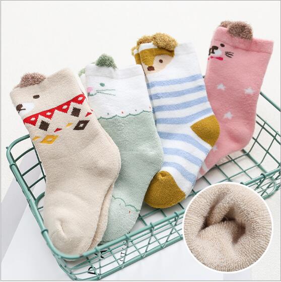 4Pairs Pack thickening terry baby socks cartoon children's socks warm kids cartoon boys girls socks for 0-3Y