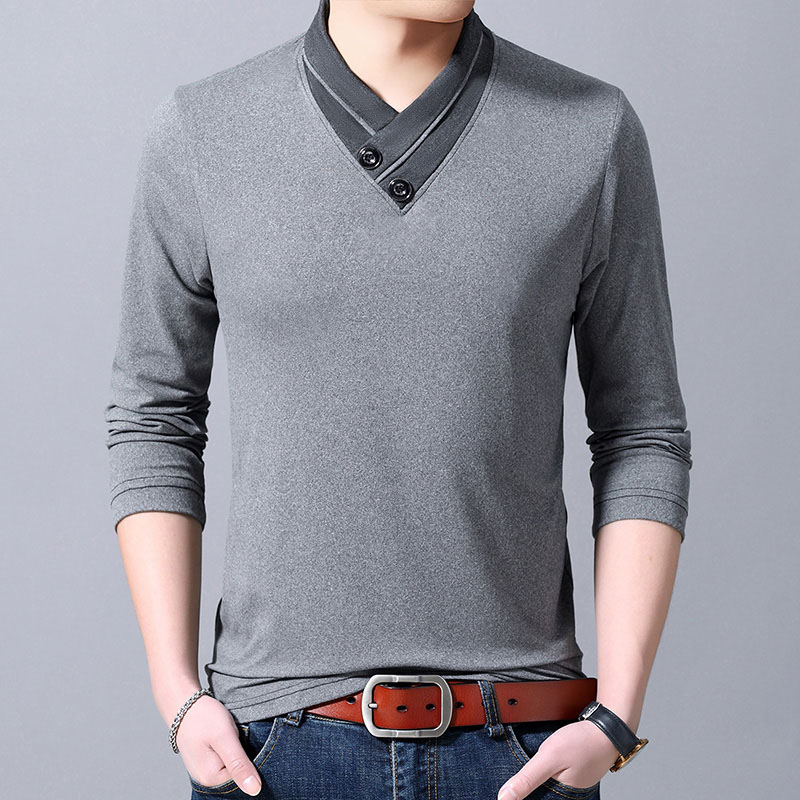 neue T Shirt Herren V Nacken Straße Tragen Spitzen Tendenzen Schwarz schlank passen Coole Koreanische Lange Hülse t-Hemden Männer Kleidung: hell grau / L