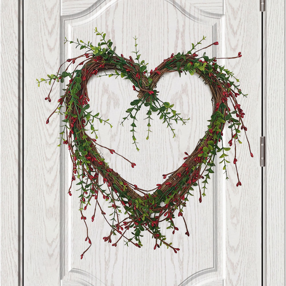 Handmade Natural Grapevine Wreath Rustic Twig Heart Wreath Red Berry Wreath for Valentine’s Day Wedding Party Christmas