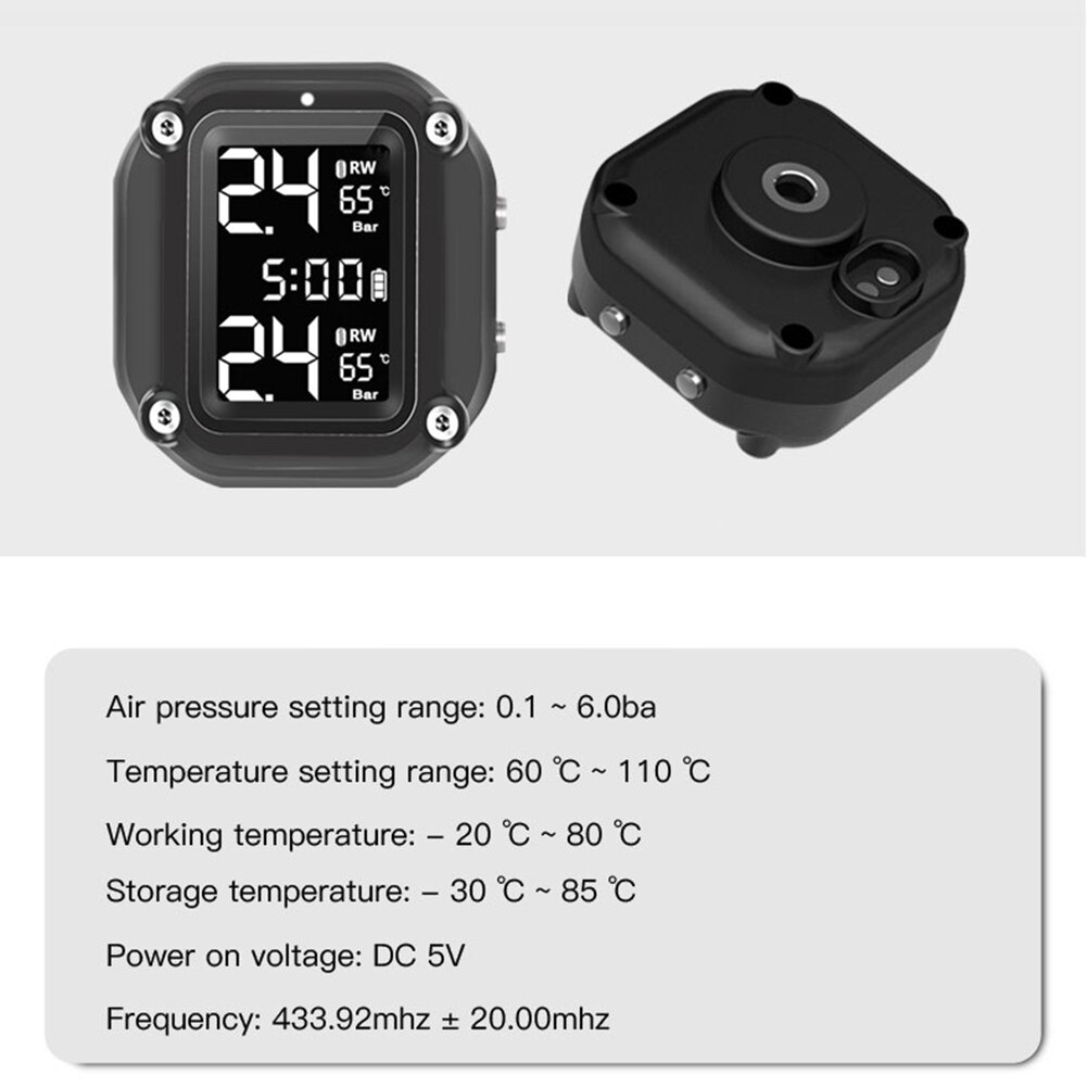 Solar LCD Motorcycle TPMS with Time Display Tire Pressure Monitoring System