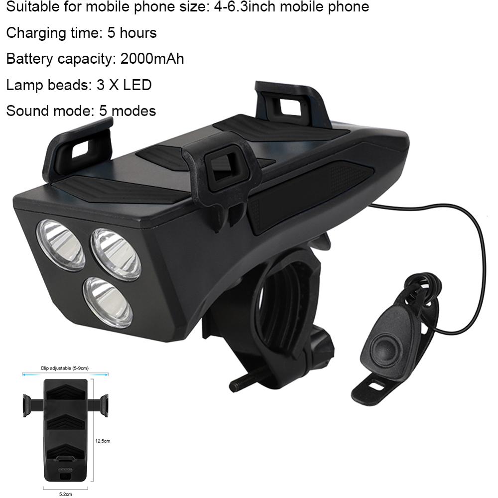 Multifunctionele 4 In 1 Fiets Licht 400 Lumen Fiets Zaklamp Fiets Hoorn Telefoon Houder Power Bank Fiets Front Light: Black 2000mAh