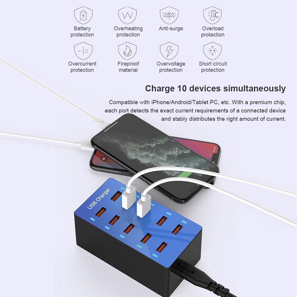 50w 10a port-usb-schnellladestation für die wand, intelligenter multiport-ladehub für den schreibtisch in familiengröße 10- adapter mit automatischer ladegeräterkennung