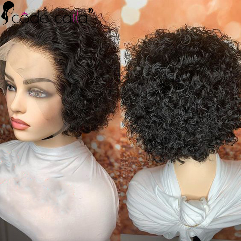 Peluca de cabello humano rizado para mujeres negras, Pelo Corto con corte Pixie, corte Bob, encaje frontal, 180 de densidad, 13x1, brasileño