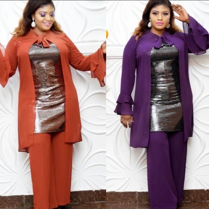 2 Piece Sets African Sets For Women Sequined African Elastic Bazin Baggy Pants Rock Style Dashiki Long Sleeve Famous Suit Lady