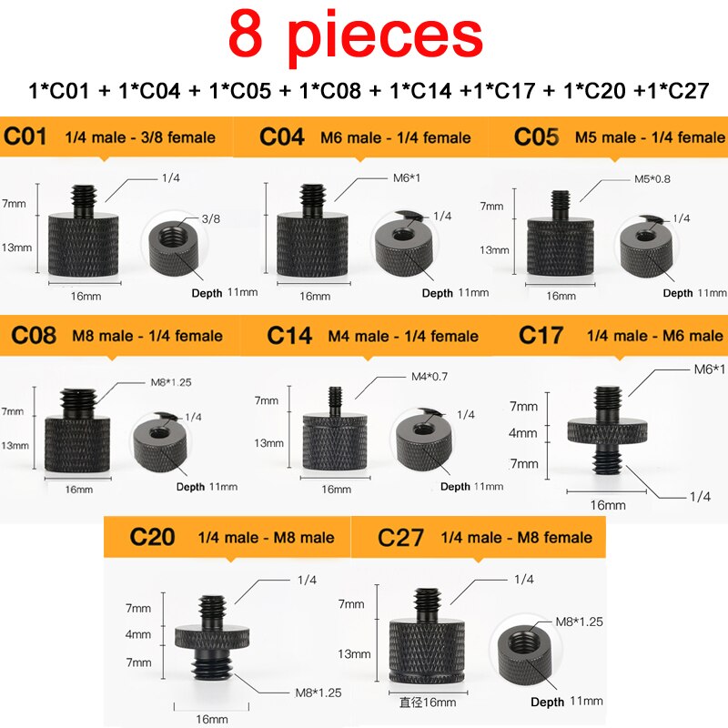 38 typ 1/4 3/8 M8 M6 męnarty na gwint żeńnarty śruba robić mocowania konwerter adapter statyw, lampa pierścieniowa, Selfie Stick, prowadnica, projektor: 8 sztuk