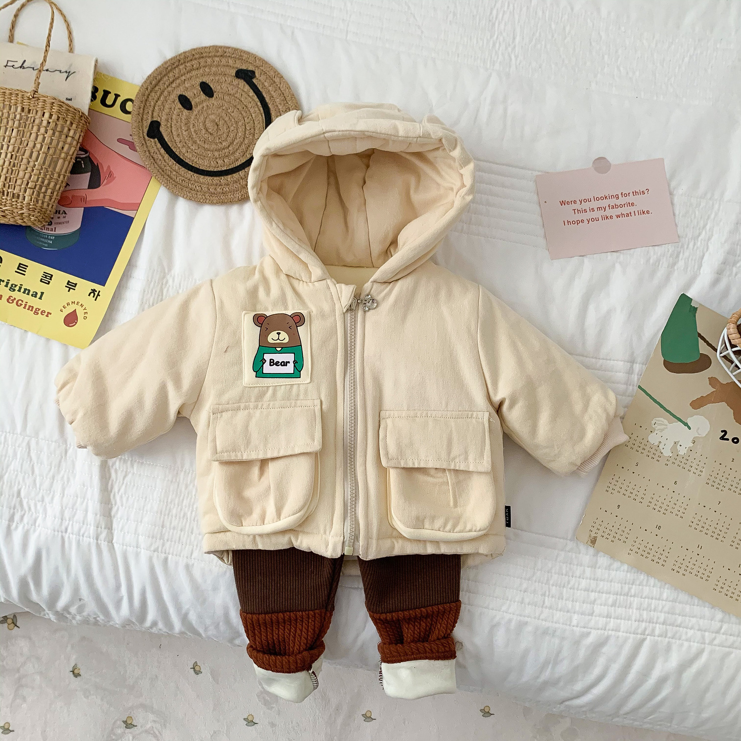 Winter Pasgeboren Katoenen Kleding Baby Mode Hooded Warm Jongens Meisjes Leuke Cartoon Beer Jas: 24M 90CM