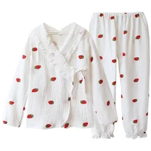 Japansk pyjamas til kvinder sommer bomuldsskåret pyjamas med jordbærprint kimono pyjamas komfortabelt nattøj 2 -delt sæt hjemmedragt: Caomisk
