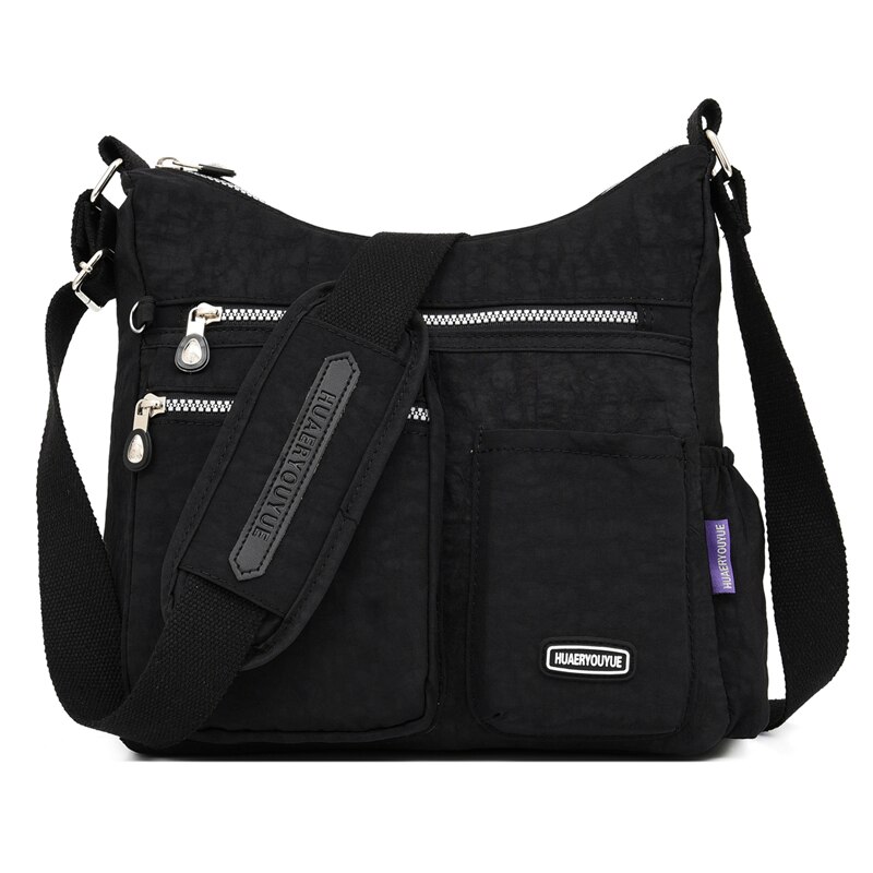 Kvinner nylon skuldervesker multi glidelås lomme budvesker vanntett crossbody bag topphåndtak ryggsekk veske tote: Svart