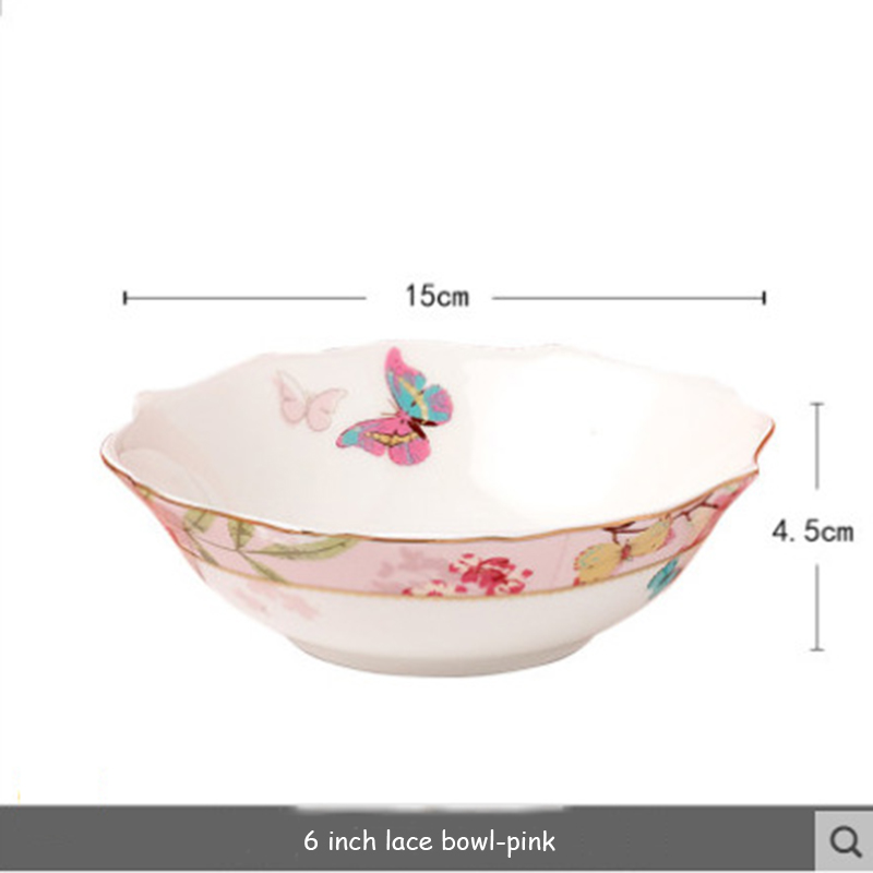 European Style Lace Dinner Plate Fruit Plate Ceramic Tableware Plate Western Food Steak Plate Soup Bowl Food Container: 6 inch bowl-pink