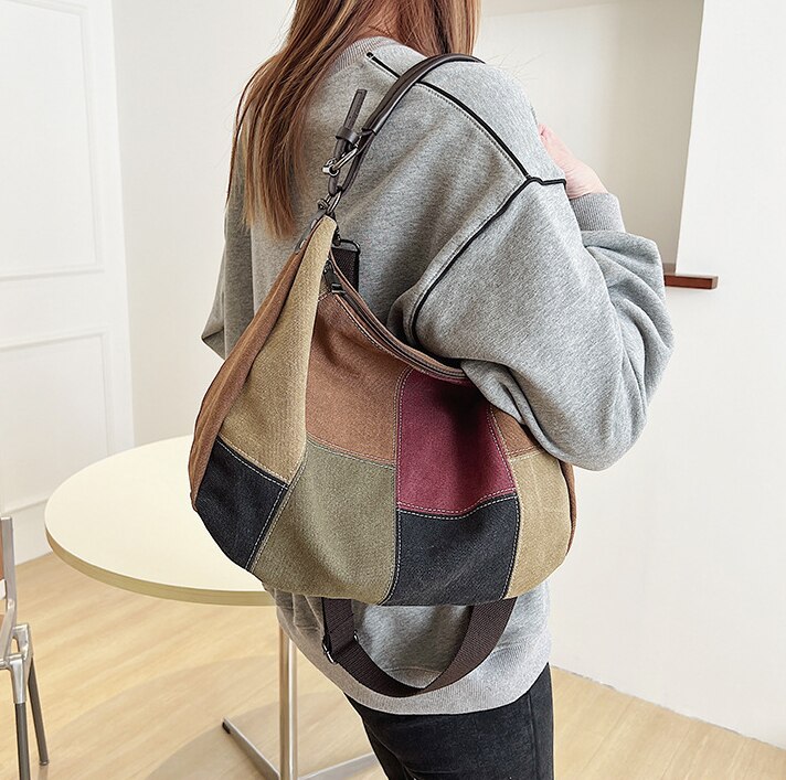 Vrouwelijke Mode Canvas Grote Capaciteit Slouchy Schoudertas Vrouwen Casual Grote Maat Zacht Katoen Patchwork Weekender Handtas