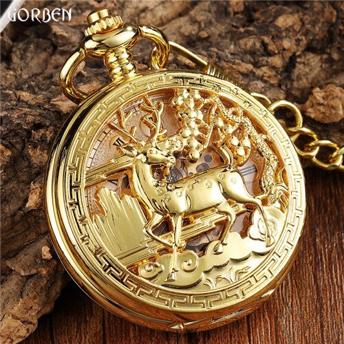 Golden 2 Side Mechanisch Zakhorloge Hollow Herten Patroon Steampunk Skeleton Fob Horloges Ketting Hangende Horloge Voor Vrouwen Mannen: gold