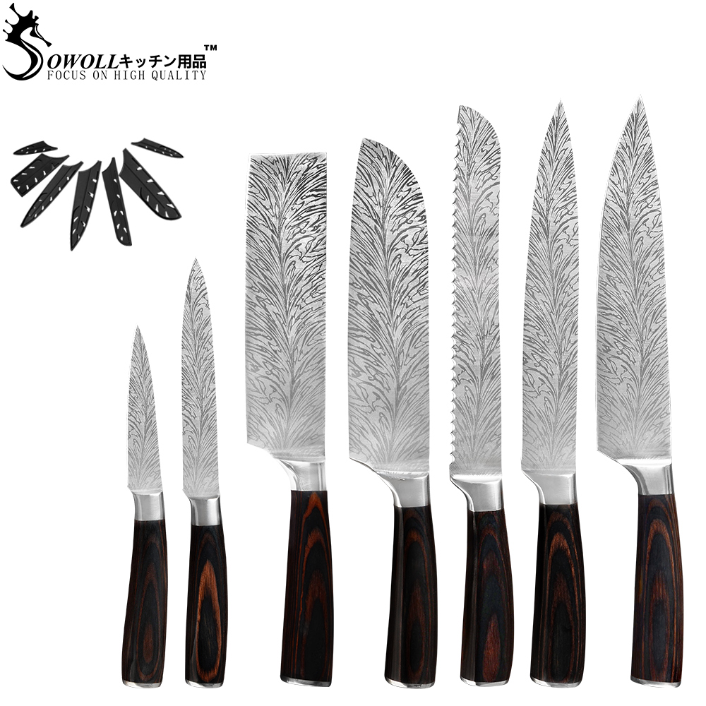Sowoll couteaux porte-couteau mural magnétique | Ensemble de couteaux de Chef de cuisine, lame tranchante en acier inoxydable, porte-couteau damas veines lame tranchante: C.7PCS SET
