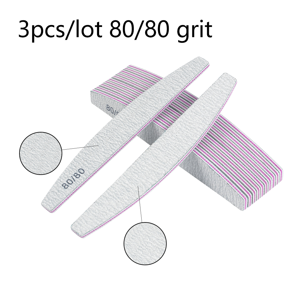 Dubbelsidig nagelfil 80/100/180 sandpappersmaterial nagelslipning polerfilar halvmåne manikyrutrustningsverktyg: 3 st 80 grus
