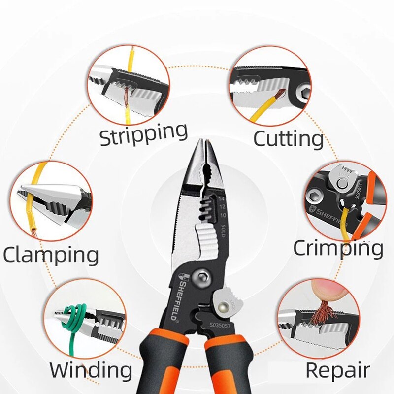 SHEFFIELD Pliers S035057 Multi-function tool 5 in1 Electrician Needle Nose Pliers Wire Stripping Cutter Crimping Pliers