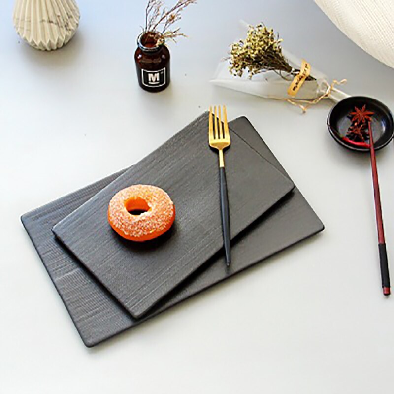 Vajilla de cerámica, platos cuadrados rectangulares, plato de Sushi, pastel, carne, barbacoa, negro especial occidental, olla japonesa, plato plano 1229