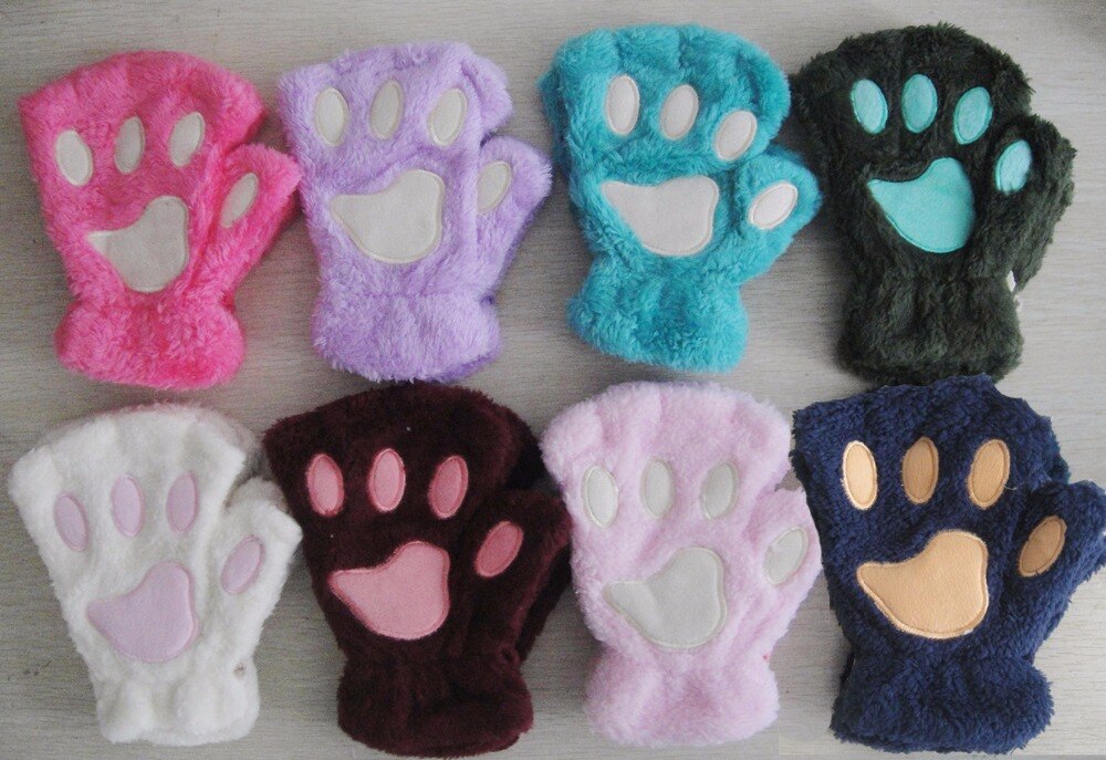 Kvinnor vinter varm katt-pad katt tasshandskar fingerlösa fluffig björn katt plysch tass tjejer cosplay handskar 1 par
