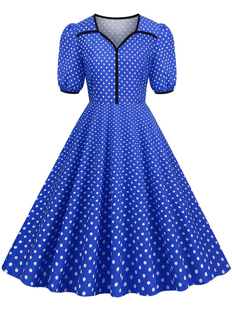 Women's V-neck Summer Dress Polka Dot Print Slim Fit Swing Short Sleeve Party Sundress Robe: S / Navy Blue