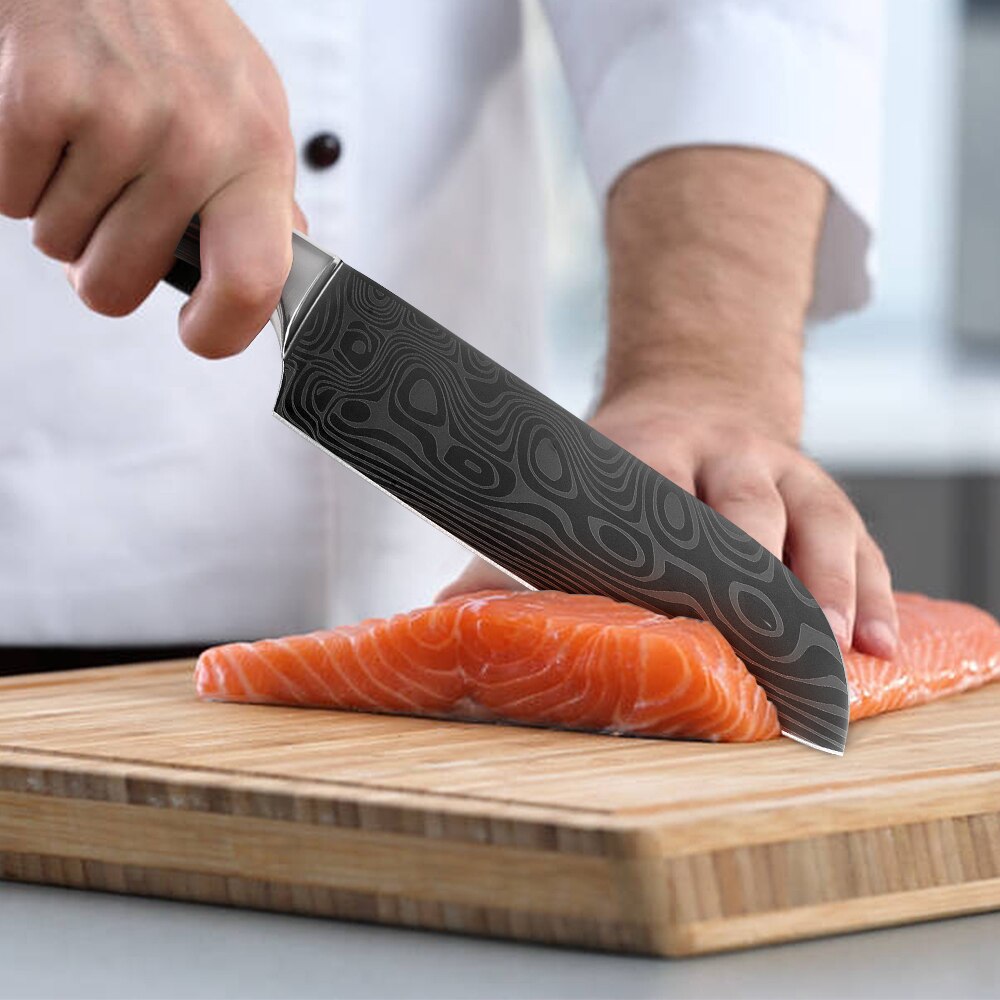 Japanse Keuken Mes Set Mes Covers Uitbenen Brood Eviscerate Gesneden Fruit Scherpe Nut Santoku Damascus Patroon Koken