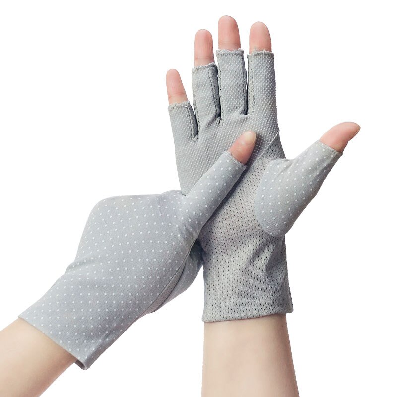 Mode Vrouwen Katoen Dot Zomer Vingerloze Half Vinger Anti-Skid Zon Bescherming Afdrukken Anti-Uv Dunne Korte Rijden handschoenen: 03Gray