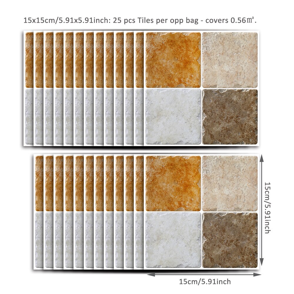 25Pcs Mosaic Tile Stickers Transfers Kitchen Grey Antique Marble Effect Self-adhesive Wall Decor 10x10cm/15x15cm: Brown 15x15cm