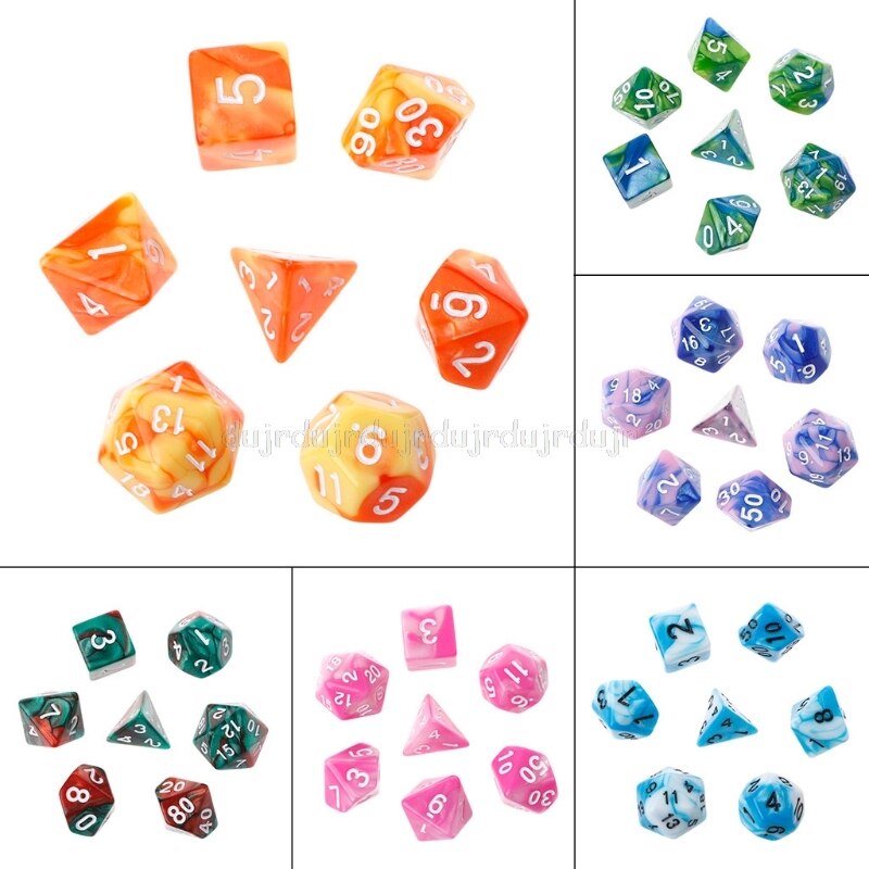 7pcs/set Polyhedron 2-color D&amp;D Dice with Marbled Effect D4 D6 D8 D10 D10% D12 D20 Black Red Blue Color Clear Playing Dice S16