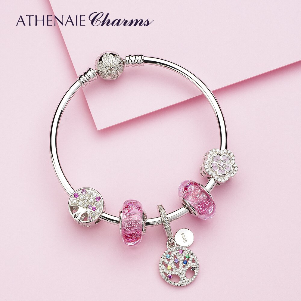 ATHENAIE 925 Sterling Silver Pink Enamel Clear CZ Cherry Blossoms Charms Fit Original Charm Bracelets Necklaces for Women