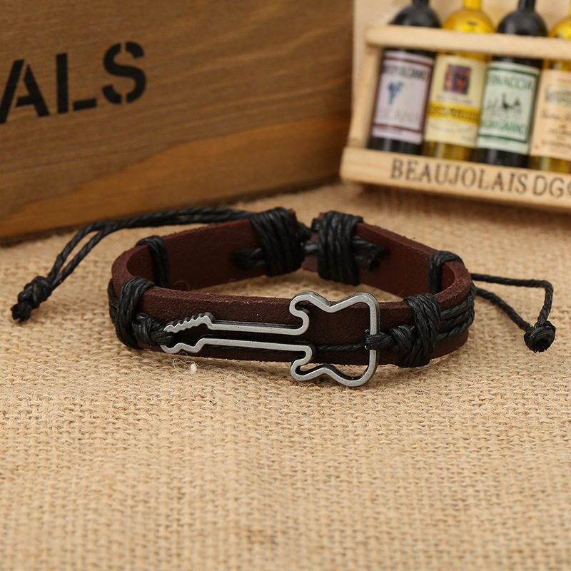 NADEEM Cross Charm Brown Leather Bracelet Men Male Vintage Punk Cross Charm Cuff Bracelet Bangle Jewelry Pulse: B01117black