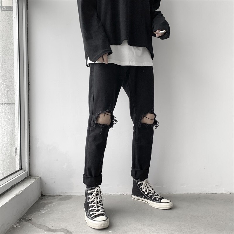 LAPPSTER Men Hip Hop Black Ripped Jeans Male Korean Streetwear Skinny Denim Pants Male Fashions High Waist Distressed Jeans: Normal Black / XL