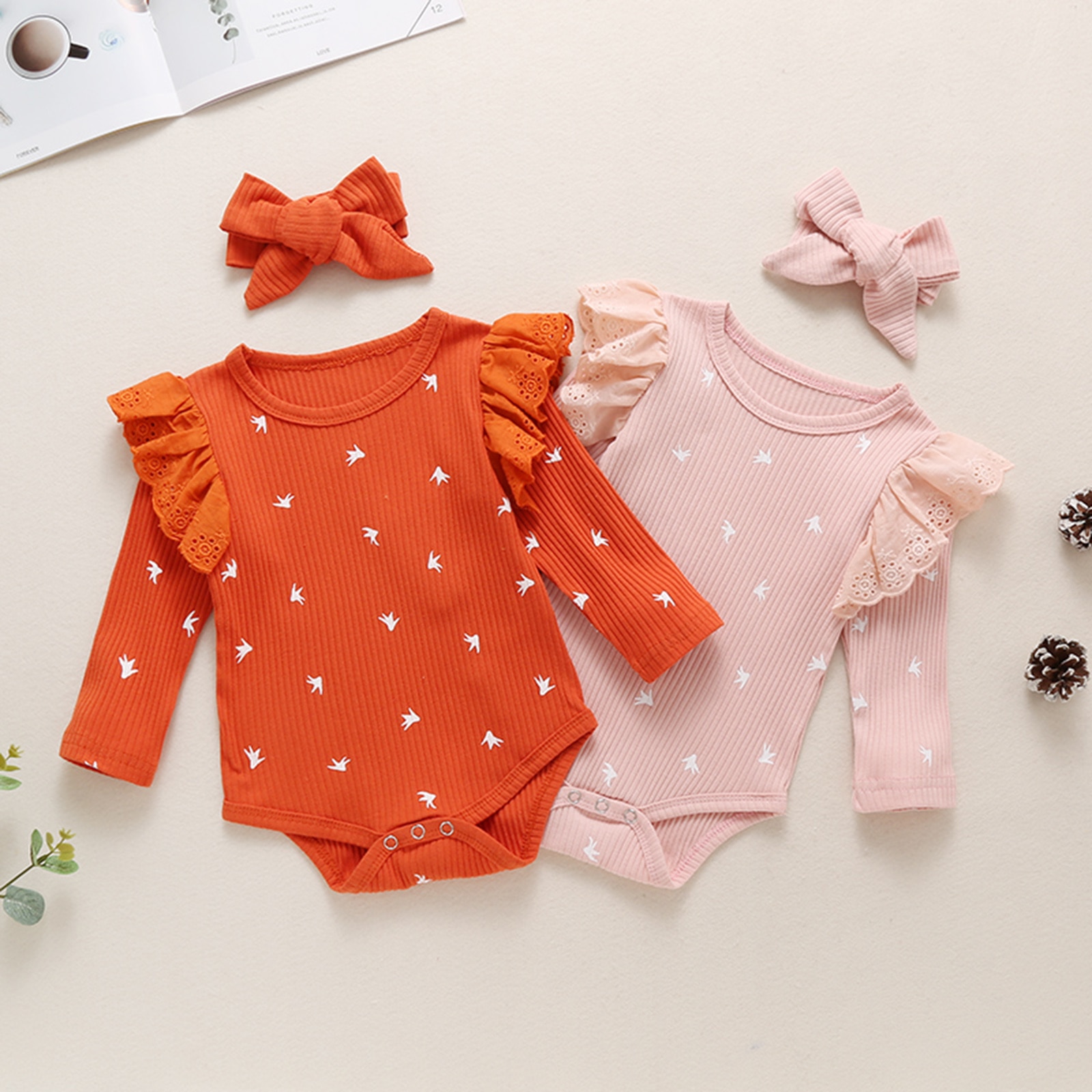 Baby Ribbed Jumpsuits, Infant Round Neck Lace Long Sleeve Bodysuit and Headwear Two-piece Suit for Toddler Boys Girls