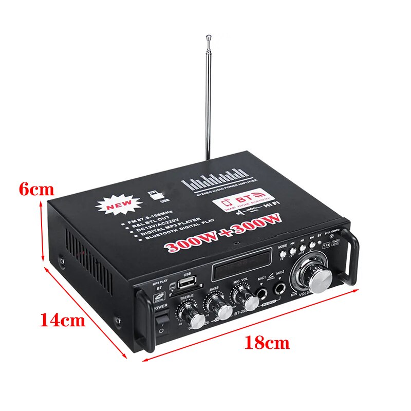 300W+300W 12V/220V Car Bluetooth Power Amplifier System Sound Audio Stereo Receiver MP3 Player Subwoofer Home Theater Car Amplif