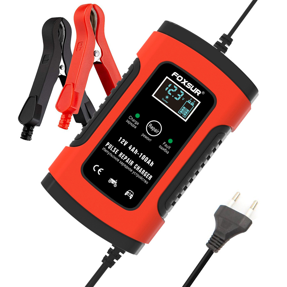 Foxsur 12V 5A Car Battery Charger LCD Display Full Automatic Intelligent Battery Chargers Multiple Protection Pulse Repair: army green