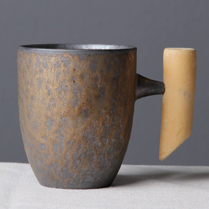 Japansk stil vintage keramisk kaffekrus tumbler rust glasur te mælk øl krus med træhåndtag vand kop hjemmekontor drikkevarer: 04