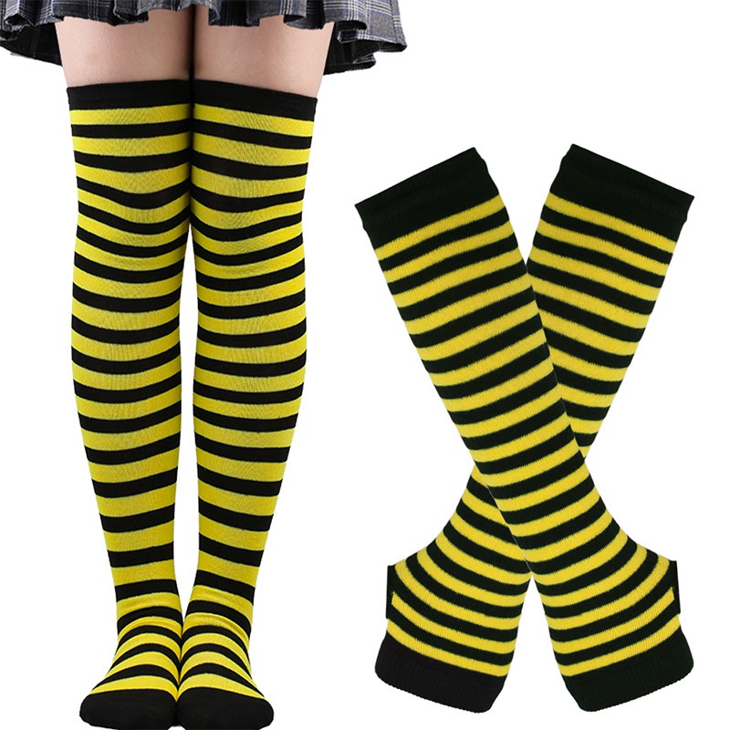 1 Set Women Gothic Punk Over Knee Long Stripe Socks Arm Sleeve Gloves for Girl Thigh High Cotton Socks Sweet Cute Christmas: Yellow