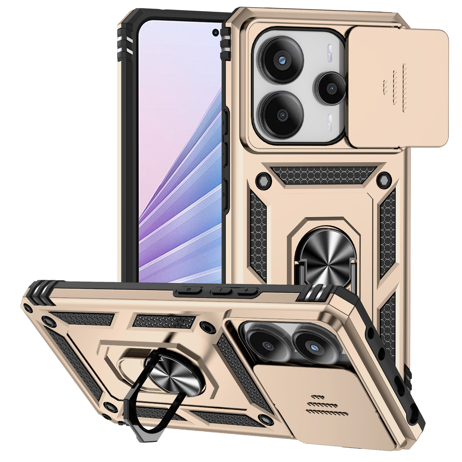 For Redmi Note 14 13 5G 4G Poco X7 Pro Note 13 Pro 5G 4G Case Ring Stand Slide Camera Lens Armor Funda for Xiaomi 14T Pro Cover: Neoprene / Gold