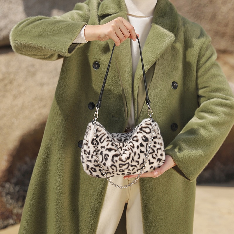 Fur Women Top-handle Bags Brand Women's Bag Leopard Plush Handbag Chain Bag and Hobos for Lady Winter