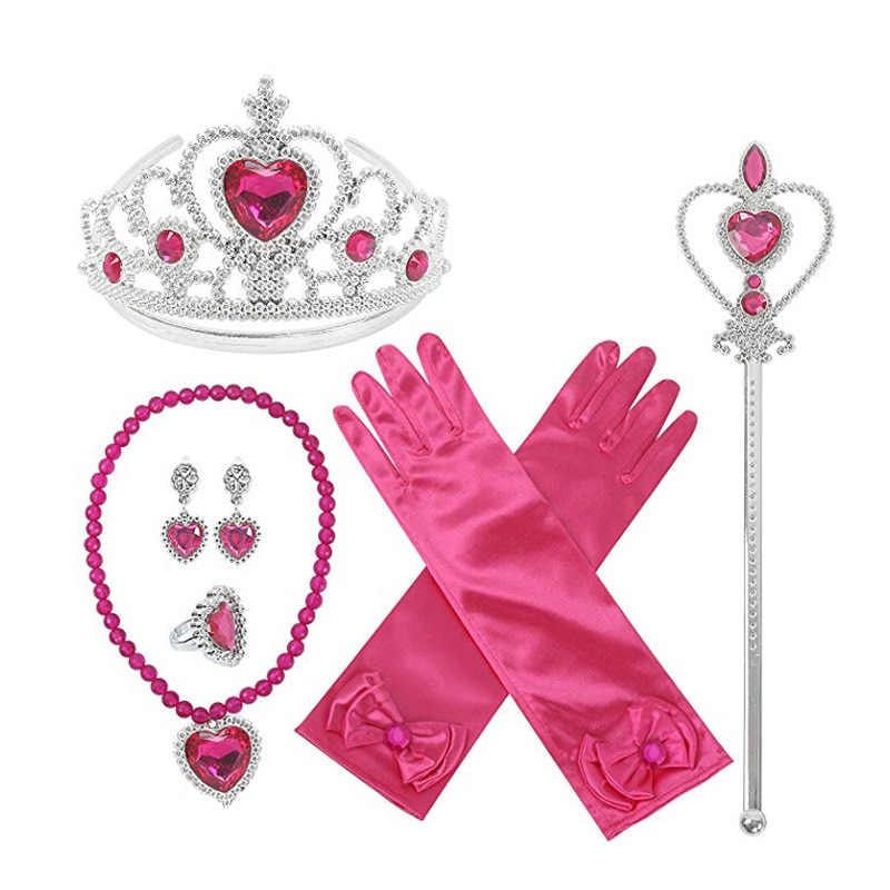 7pcs/lot Princess Elza Dress Up Accessories Girls Toys Crown Necklace Ring Earring Wand Gloves Kids Jewelry Set