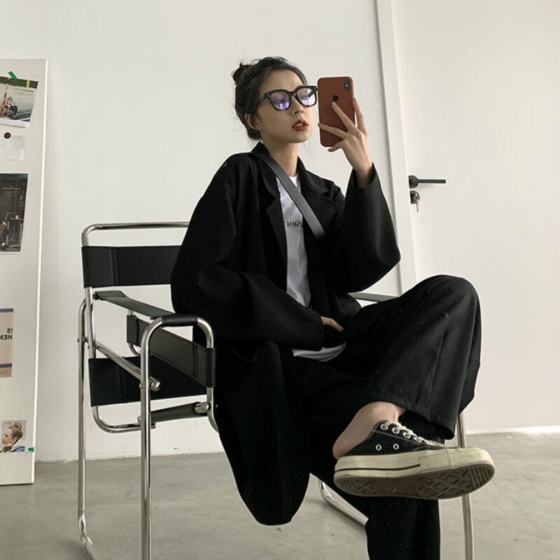 Blazere kvinder solid enkeltradet oversize retro forår efterår chic afslappet dame blazer teenagere enkel all-match stilfuld bf