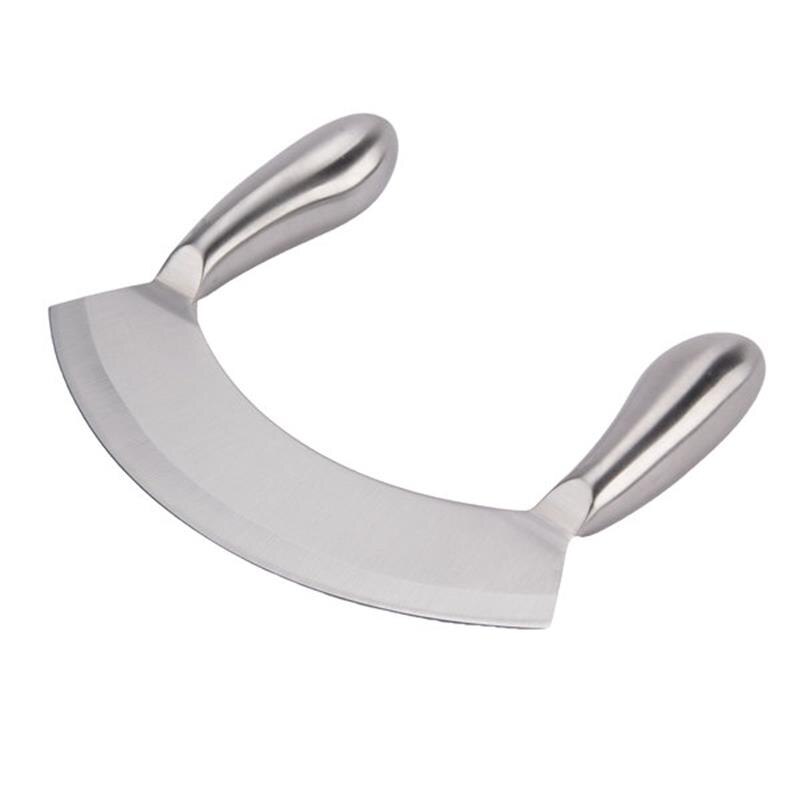 8.5in Stainless Steel Double-Handled Mezzaluna Knife Pizza Cutter Curved Blade Kitchen Herb Mincer Fruit Vegetable Salad Slicer
