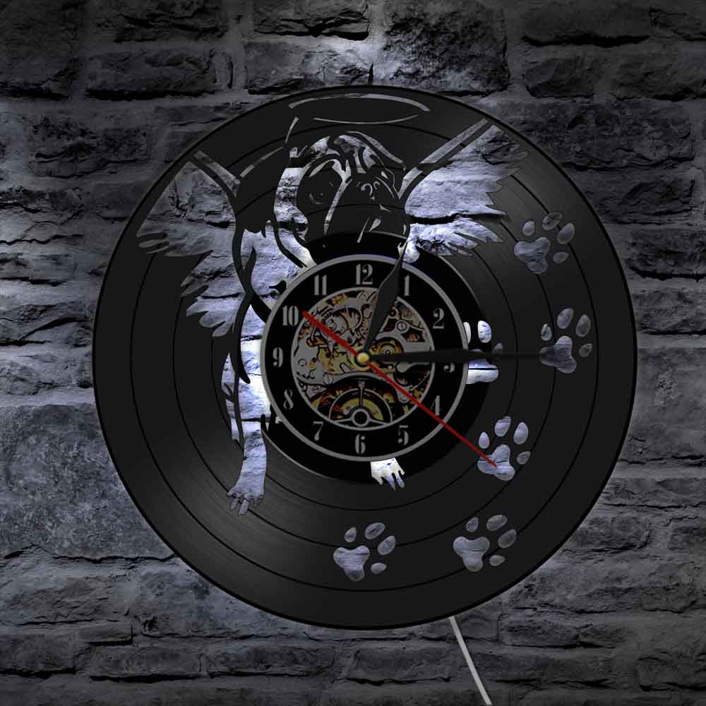 Horloge murale en vinyle pour bouledogue français, avec aile d&#39;ange, Art moderne, Vintage, carlin, chien, décoration de maison, lumineux LED