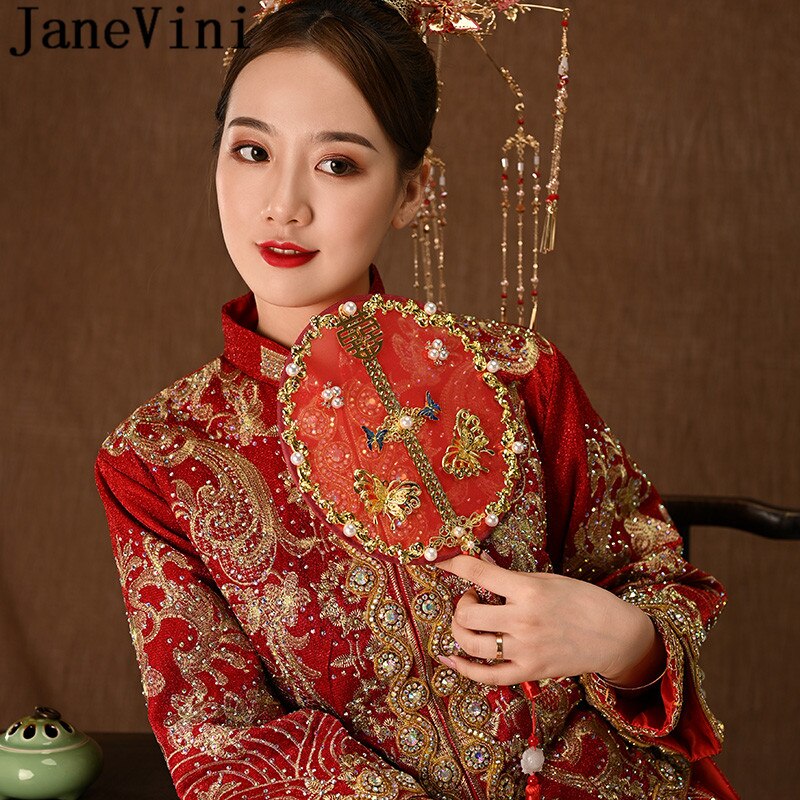 JaneVini bricolage ventilateur de mariée Style chinois Vintage mariage mariée main ventilateur Bouquet à la main perle rouge métal fleur ventilateur support étagère