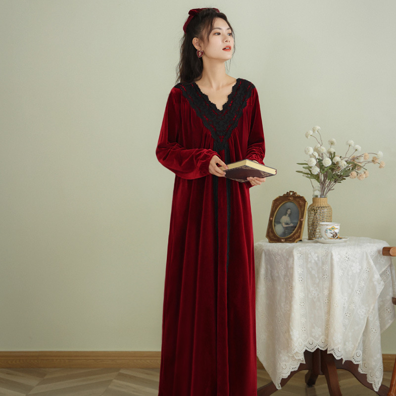 Pijamas cálidos de terciopelo para invierno, vestido suelto para el hogar, camisones de manga larga, albornoces para mujer, ropa de dormir: wine red / L fit for 50-60kg