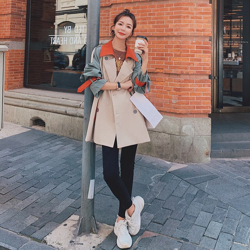 Women Coat Long Jacket Autumn Winter Korean Sweet Full Long Turn-down Collar Spliced Double Breasted Coats: Short coat / L