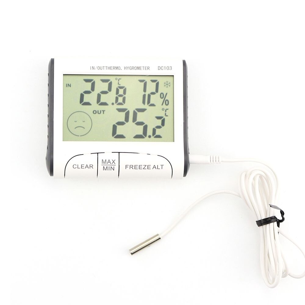Digital LCD exterior termómetro de clima interior higrómetro medidor de humedad C/F controlador de temperatura botón batería hogar