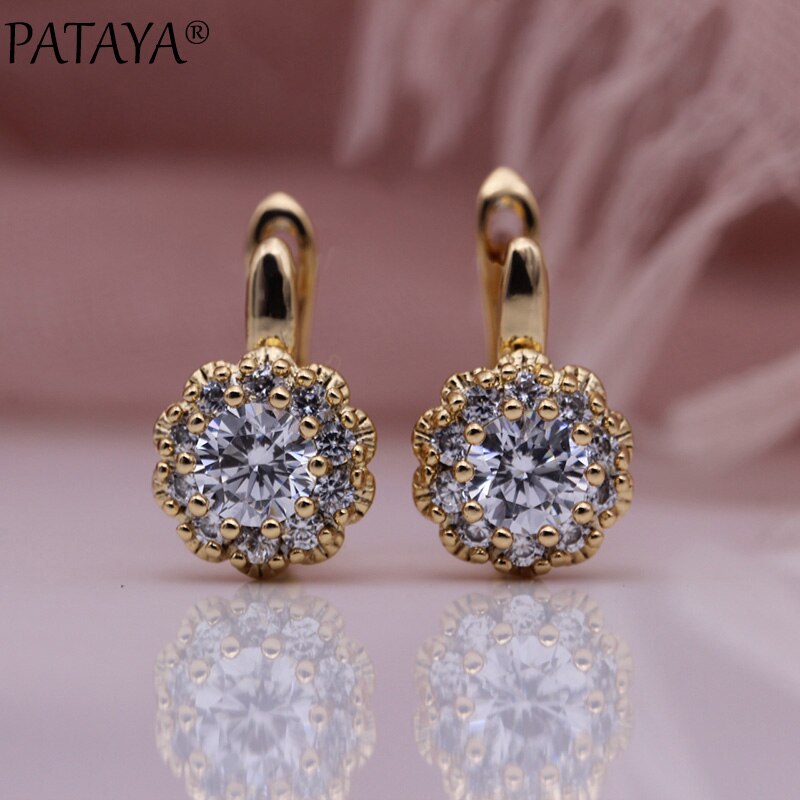 PATAYA White Natural Zircon Dangle Earrings 585 Rose Gold Petal Cute Earrings Micro-wax Inlay Women Party Jewelry