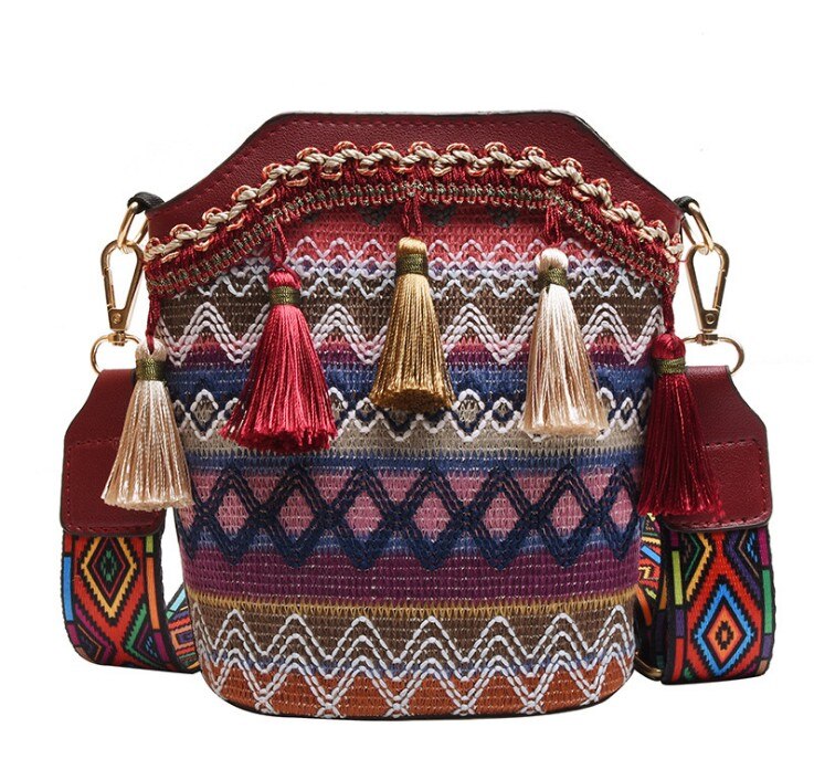 Hmong Vintage Ethnic Shoulder Bag Embroidery Boho Hippie Tassel Tote Messenger Beach Shoulder bag: Red