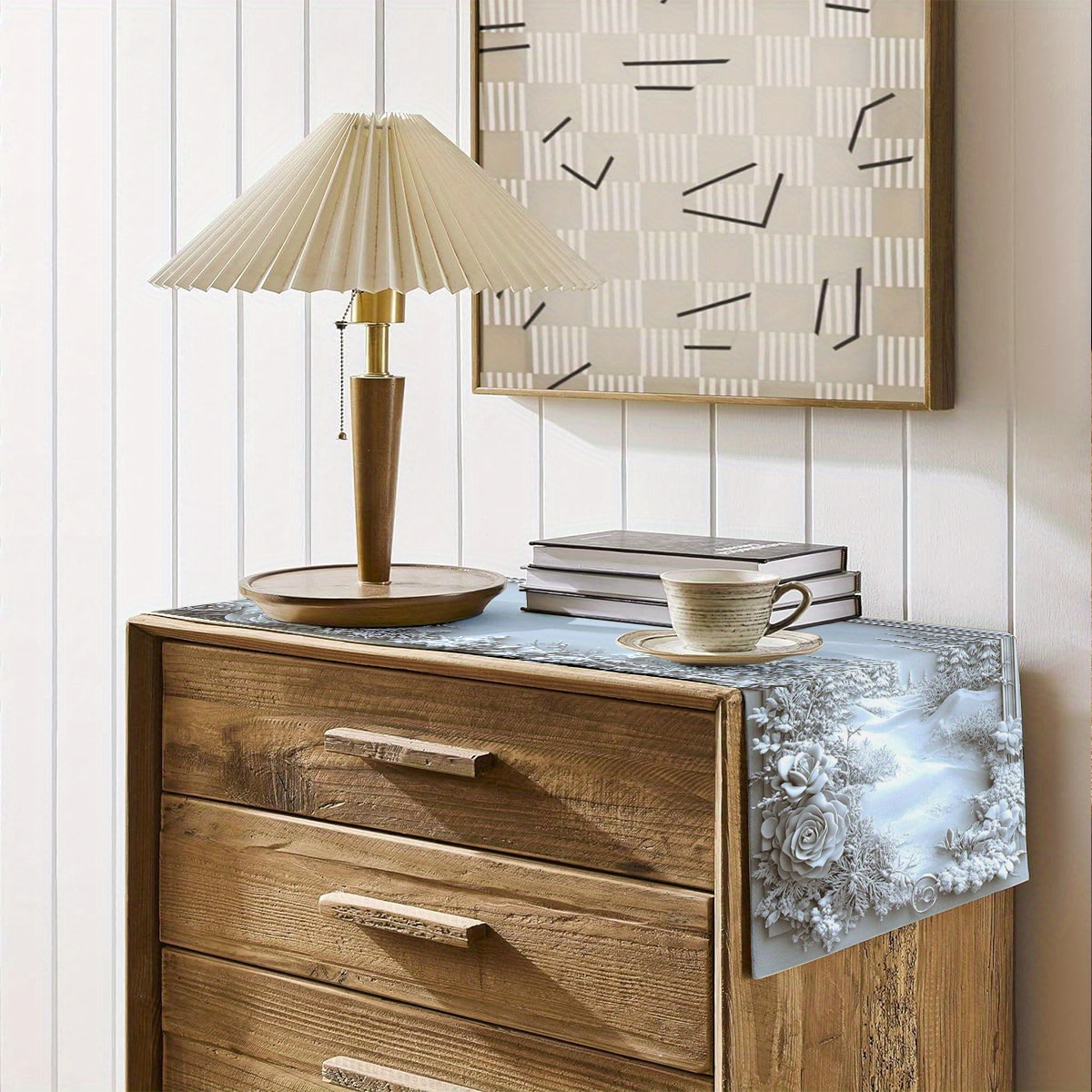 1pc juldukar med snöig skog och blommiga blad, snöig skog med tallar, rosor och bär, polyesterduk