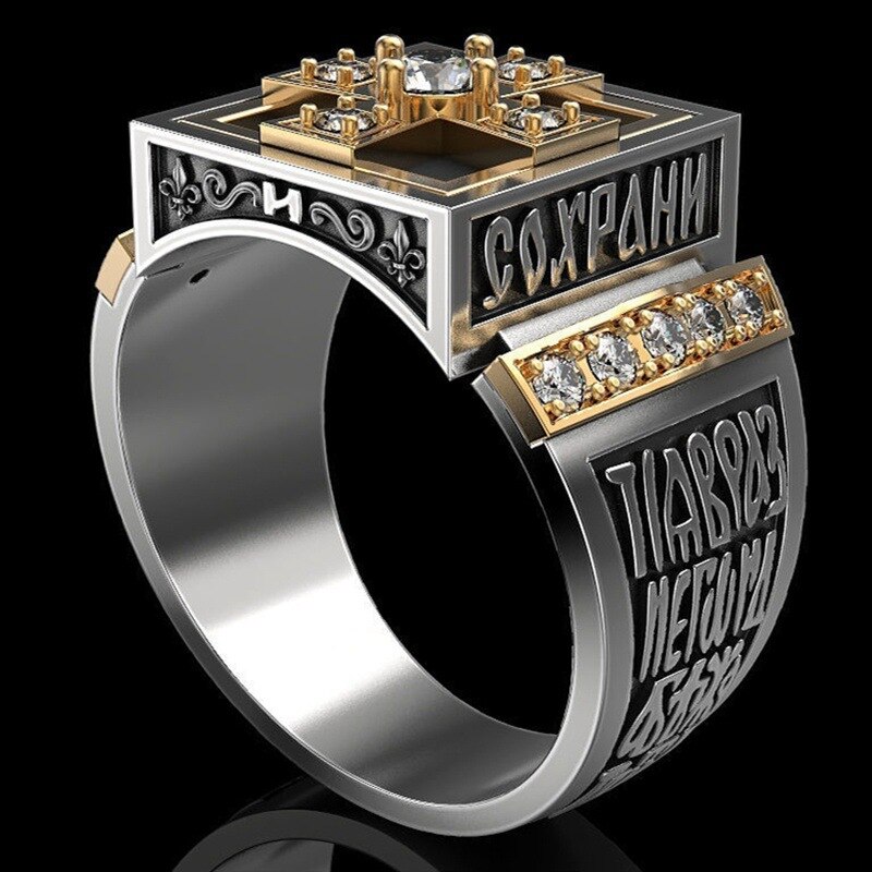 Classic Cross of Lorraine Signet Cool Punk Finger Silvery Rings Men Alloy Crystal Zircon Shiny Reinstone Jewelry